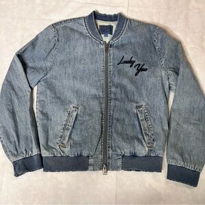 Lucky Brand Shrunken Embroidered Denim Bomber Jacket